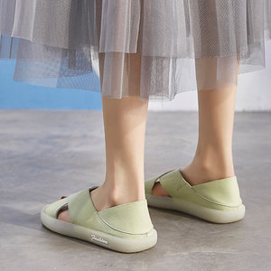 软底凉鞋女夏季2024年新款舒适防滑孕妇牛皮两穿休闲平底鞋仙女风