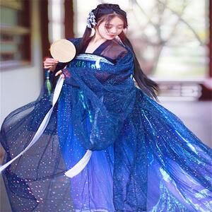 青雀女蓝色齐胸襦裙子仙气飘逸大袖衫学生古装女古风中大码表演服