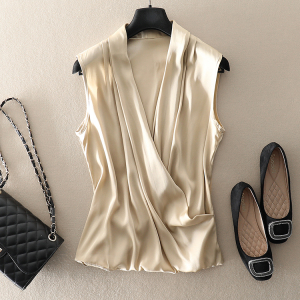 气质v领无袖缎面真丝上衣女挂脖内搭交叉领衬衣重磅桑蚕丝衬衫夏