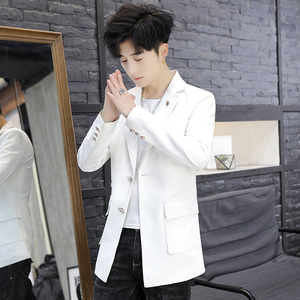 春季韩版修身型西服男中长款帅气个性小西装潮流学生白色休闲外套