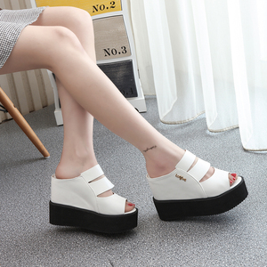 夏新款厚底坡跟套脚凉鞋超高跟露趾鱼嘴凉拖鞋防滑内增高女拖包邮