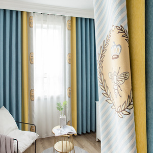提花蓝黄拼接仿羊绒雪尼尔无缝拼接窗帘北欧简约高档客厅卧室遮光