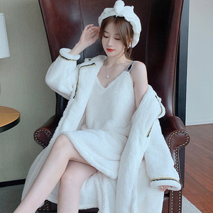 睡衣女秋冬季珊瑚绒睡裙睡袍加绒加厚保暖三件套可外穿白色家居服