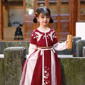 汉服女童秋装中国风小女孩套装学生超仙红色古装长裙改良中式唐装