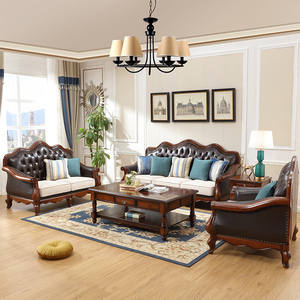 美式真皮沙发大小户型客厅123组合现代简约头层牛皮雕花实木沙发