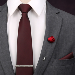 四件套酒红领带男士正装商务休闲韩版结婚新郎懒人领结方巾领带夹