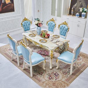欧式餐桌实木方桌大理石面长桌餐桌组合餐厅描金方形饭桌别墅套装