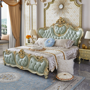 欧式奢华真皮双人床1.8米大户型别墅主卧室全实木床1.5米金色家具