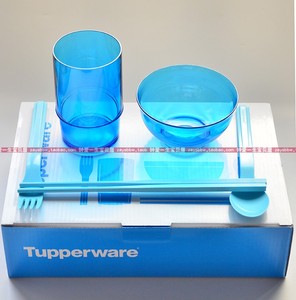 特百惠精致塑料餐具饭碗水杯勺叉子筷子蓝色环保便携自带环保餐具