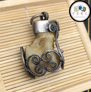 纯银狼牙狼骨头狼拐髀石骨银套复古民族风diy配件吊坠护身符0人付款