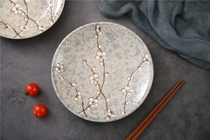 古伊烧日本进口釉下彩陶瓷餐具复古灰梅7.0平碟西餐牛排寿司碟
