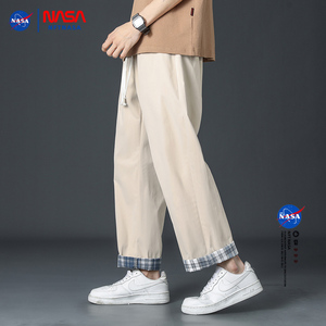 NFT NASA联名春秋季夏款薄款直筒长裤男潮牌翻边格子休闲九分裤子
