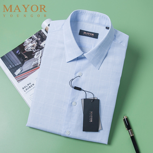 雅戈尔美雅mayor短袖衬衫男棉麻抗菌淡蓝格子衬衣宽松商务休闲夏