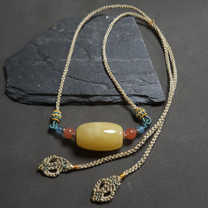 天然俄料琥珀蜜蜡白花 鸡油黄 桶珠勒子锁骨链成品项链吊坠男女款