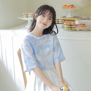 扎染t恤短袖少女夏季纯棉甜美小清新设计感小众独特别致渐变上衣