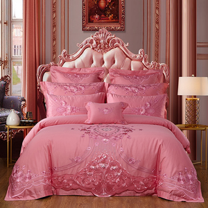 婚庆四件套粉色全棉刺绣喜被结婚床品六八十件套纯棉蕾丝床上用品