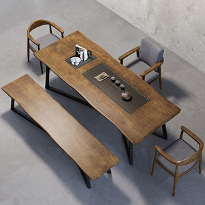 家用实木茶台喝茶桌椅组合黑色简约功夫茶水桌1.8米铁艺长凳套装