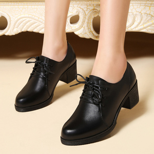 秋季意尔康女鞋春秋深口单鞋系带真皮黑色皮鞋女中跟粗跟工作鞋子
