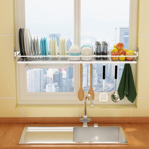 不锈钢厨房窗台置物架壁挂免打孔水槽放碗碟沥水架窗户挂杆收纳架