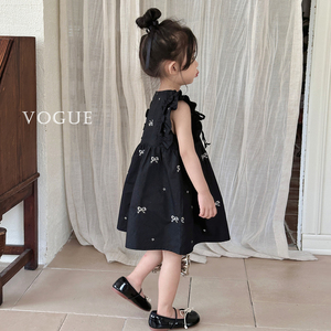 女童法式复古飞袖黑色连衣裙2024夏季女孩新款儿童宽松宝宝公主裙