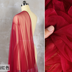 枣红酒红色超薄透明网纱布料丝滑透视礼服婚纱头纱半身裙设计面料