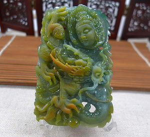 缅甸天然a货翡翠玉器 一元拍老种精工双面雕蓝水磨砂龙牌观音吊坠