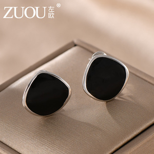 黑色方块大耳钉几何菱形方形女时尚气质冷淡风设计高级感耳环简约