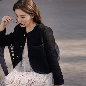 celine dgds秋冬法式马车金扣小香风羊毛粗花呢修身短外套上衣女