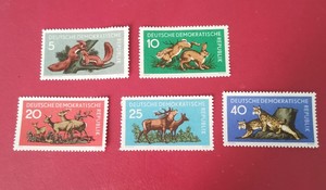 民主德国东德1959邮票  森林中的动物 5全 原胶全品