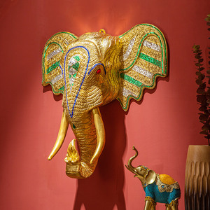 背景墙面装饰品泰式餐厅玄关东南亚风金色实木挂件过道大象头壁挂