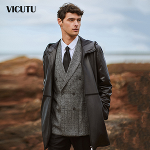 vicutu/威可多男士皮衣羊皮连帽皮夹克男皮质风衣男