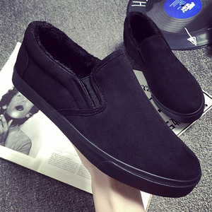 一脚蹬黑色棉鞋男全黑色加绒休闲保暖鞋 加厚加毛男士套脚懒人鞋