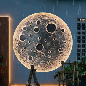 3D立体浮雕月球灯壁灯背景墙网红餐厅酒吧石膏装饰圆形月亮壁画灯