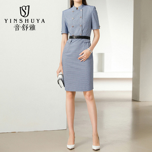 职业装夏季女连衣裙格子显瘦气质时尚套装干练韩版短袖商务工作服