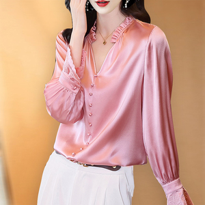粉色重磅真丝衬衫女小衫2021春装新款气质v领缎面长袖桑蚕丝上衣