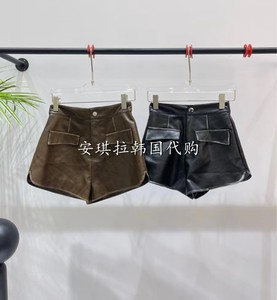 韩国正品秋季2023新款时尚百搭双口袋侧开衩环保皮休闲短裤