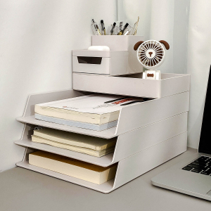 办公桌文件架A4桌面收纳盒多层置物架带抽屉笔筒书立工位整理盒子