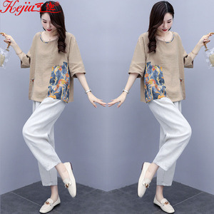 亚麻套装女复古休闲