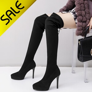 13cm恨天高过膝长靴女超长大腿靴黑色细跟弹力瘦瘦靴防水台新款靴