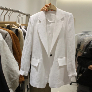日系棉麻西装外套女春秋薄款小众设计感修身中长款白色休闲小西服