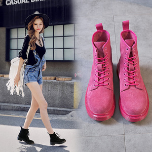 欧洲站2017秋冬季新款马丁靴真皮休闲韩版骚粉色女鞋中筒系带短靴