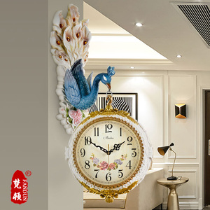 欧式挂钟现代双面钟客厅静音钟创意个性孔雀装饰壁挂美式家用时尚