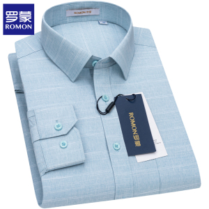 罗蒙男士长袖衬衫蓝色商务休闲修身免烫格子蓝色秋季半短袖衬衣