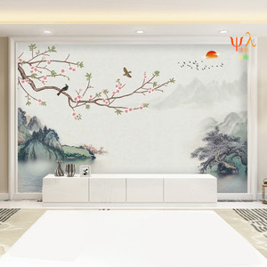 中式大气花鸟水墨山水壁画意境风景电视背景壁纸客厅沙发书房壁布