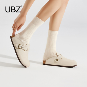 UBZ 白色勃肯拖鞋女2024年夏季新款牛皮复古一脚蹬懒人半拖博肯鞋