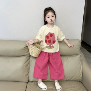 女童夏装套装中小童时髦儿童装韩版小女孩苹果树短袖阔腿裤两件套