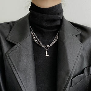 双层叠戴l字母项链女轻奢小众锁骨链高级感毛衣链百搭古巴链in