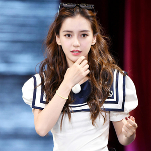 欧阳娜娜杨颖baby同款白色海军领t恤女夏季学院风泡泡袖衬衫上衣