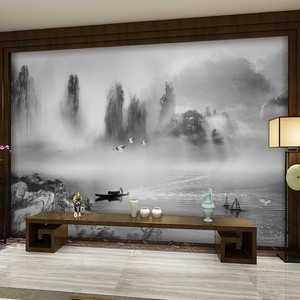 新中式山水墨画电视背景墙壁纸客厅影视机装饰画布3D无缝壁布自粘