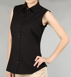 夏季新款女式黑色纯棉无袖衬衫翻领砍修身职业工装大码衬衣打底衫